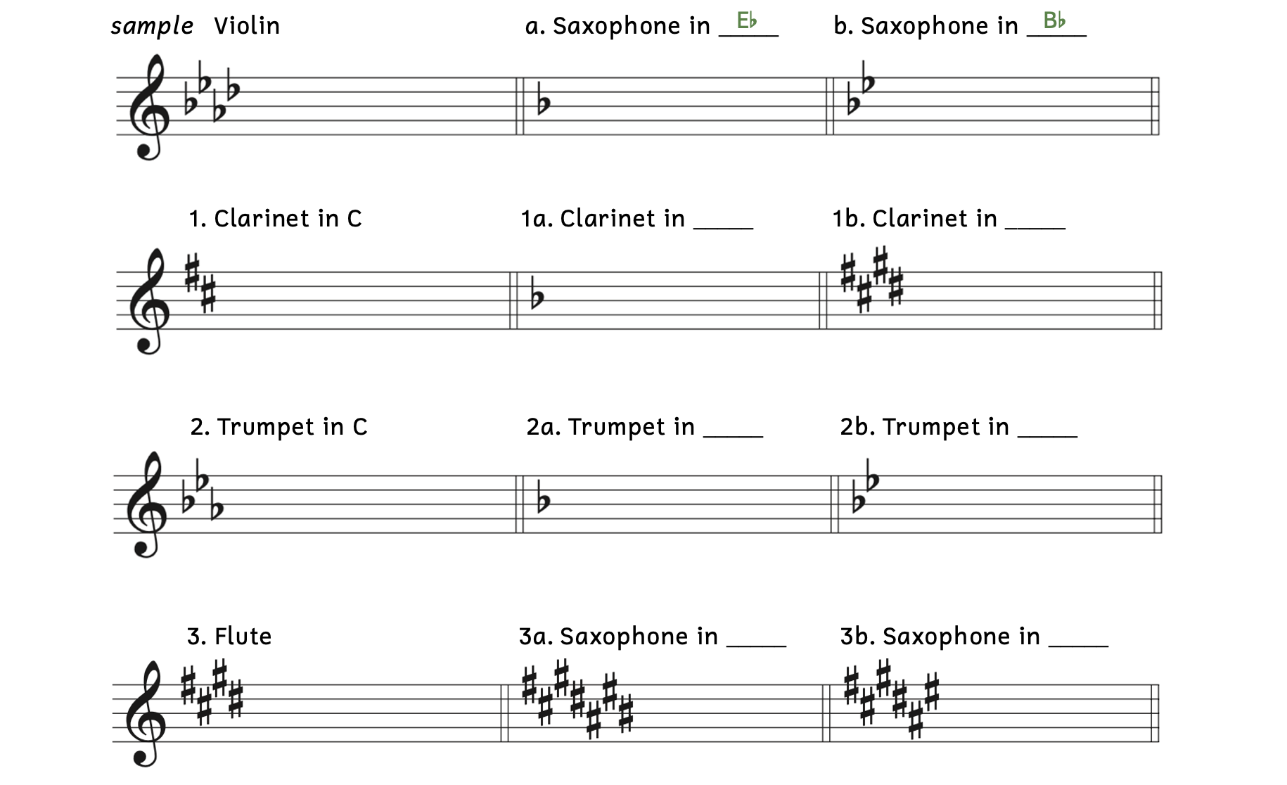 The sample shows if a violin has four flats, a saxophone in E-flat has one flat, and a saxophone in B-flat has two flats. Number 1 shows a clarinet in C has 2 sharps; 1a shows 1 flat and 1b shows 4 sharps. Number 2 shows a trumpet in C has 3 flats; 2a shows 1 flat and 2b shows 2 flats. Number 3 shows a flute has 4 sharps; 3a shows 7 sharps and 3b shows 6 sharps.